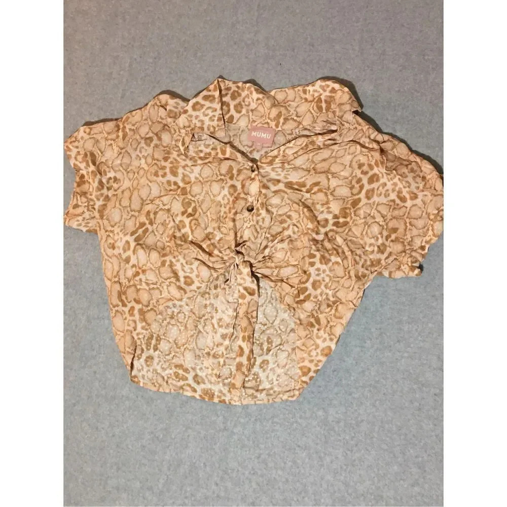 Womens Show Me Your MuMu Top Size Medium Rattlesnake Brown Tie Up Front Crop Top